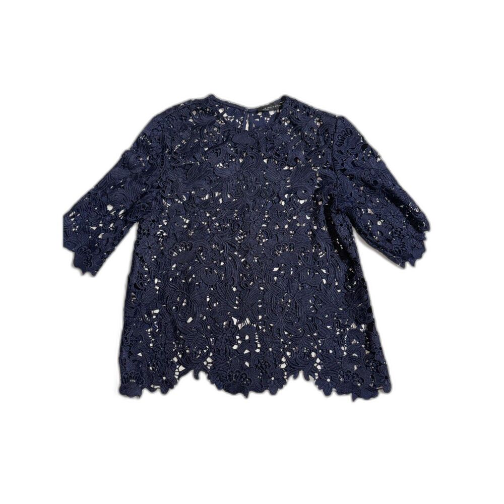 Zara Woman Elegant Navy Blue Guipure Lace Top - Size XS - EUC